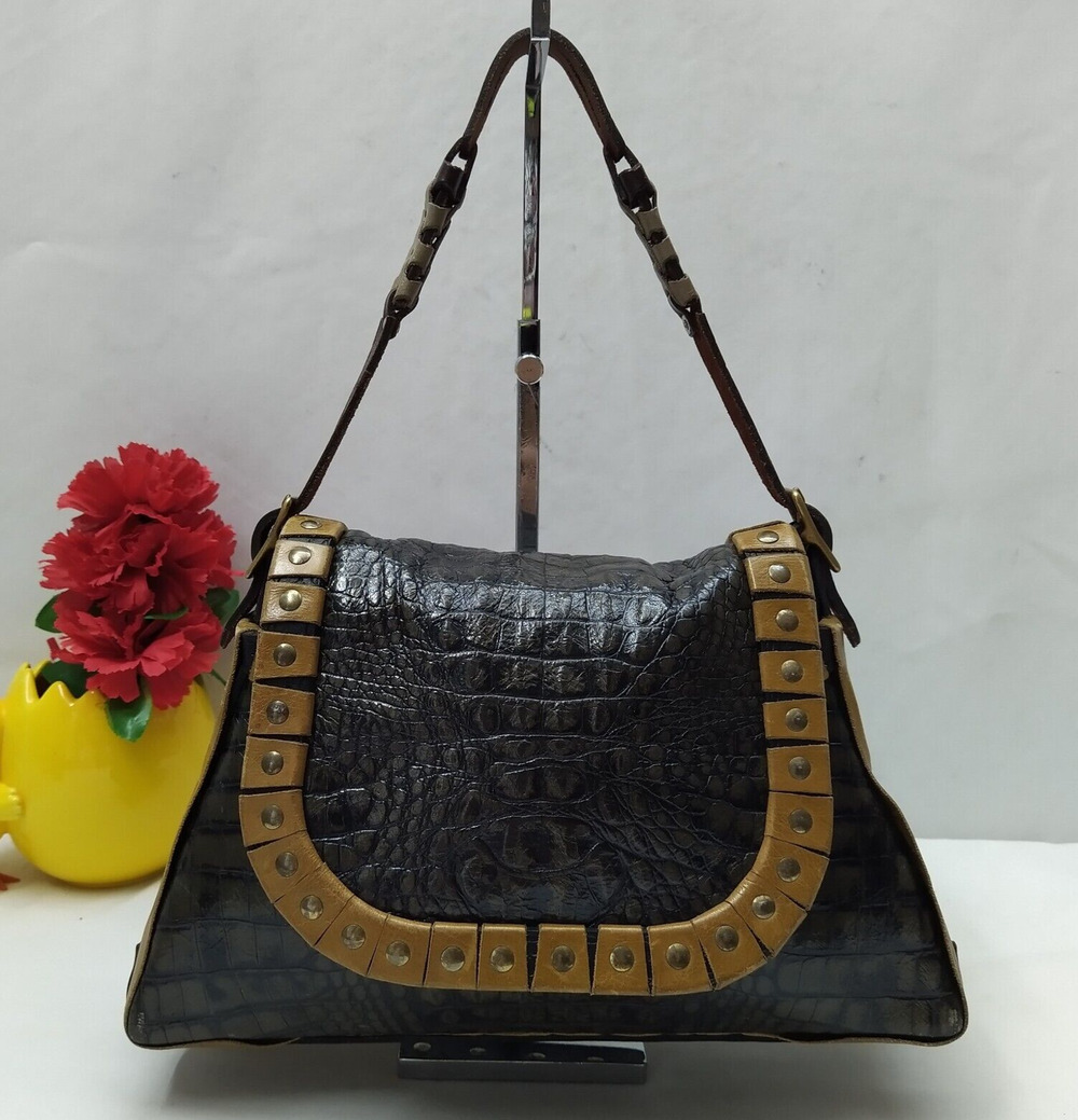 Bella Dolci Gray Leather Crocodile Embossed Studded Flap Closure Shoulder Bag